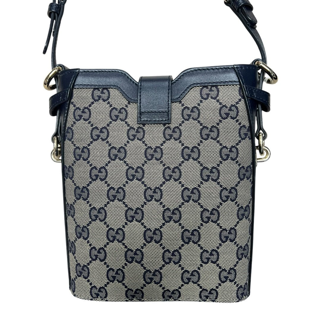 GUCCI GG Canvas, Leather Mini Bucket Bag Crossbody Bag Navy Blue, Beige, Red Silver Hardware | Authentic Pre-Owned Luxury