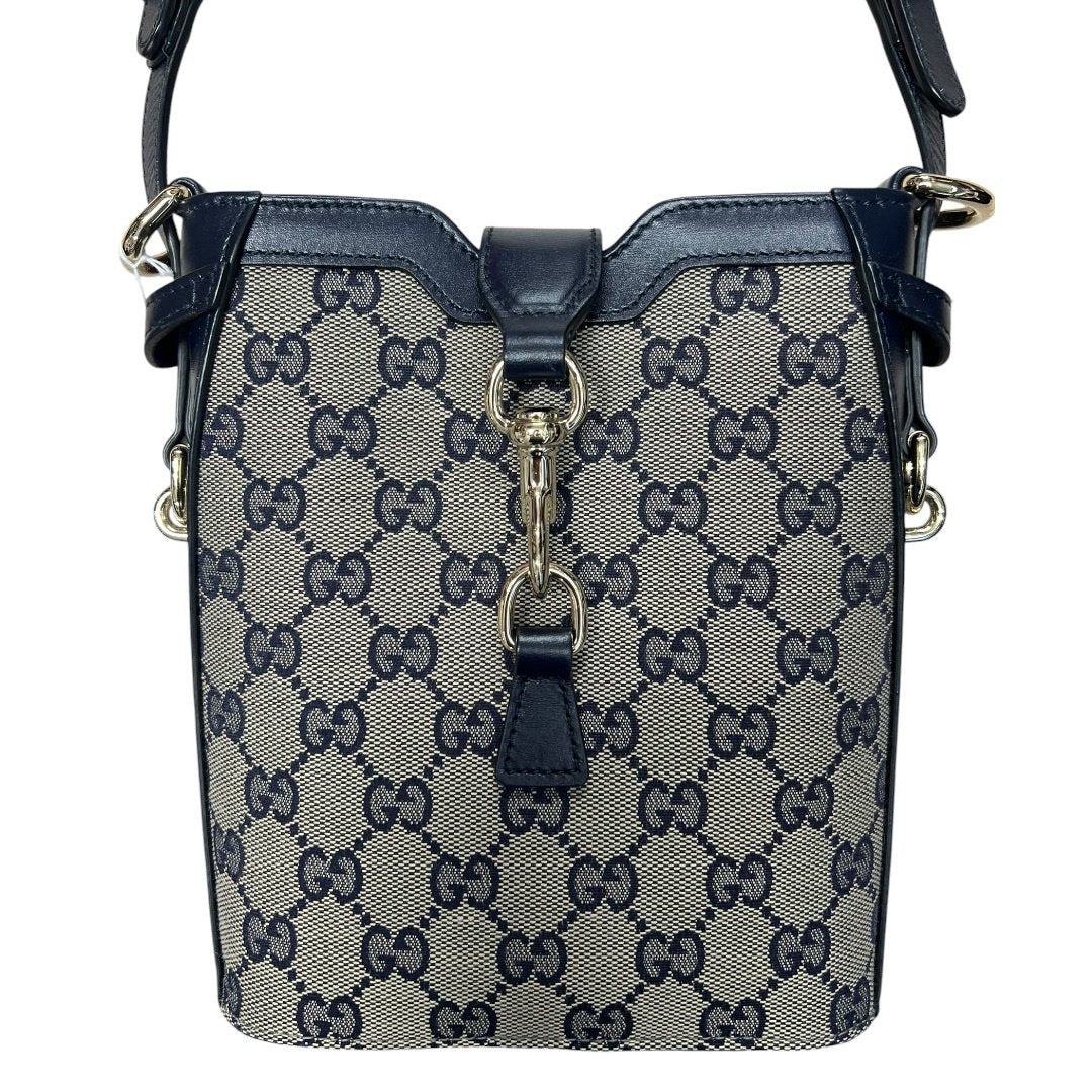 GUCCI GG Canvas, Leather Mini Bucket Bag Crossbody Bag Navy Blue, Beige, Red Silver Hardware | Authentic Pre-Owned Luxury