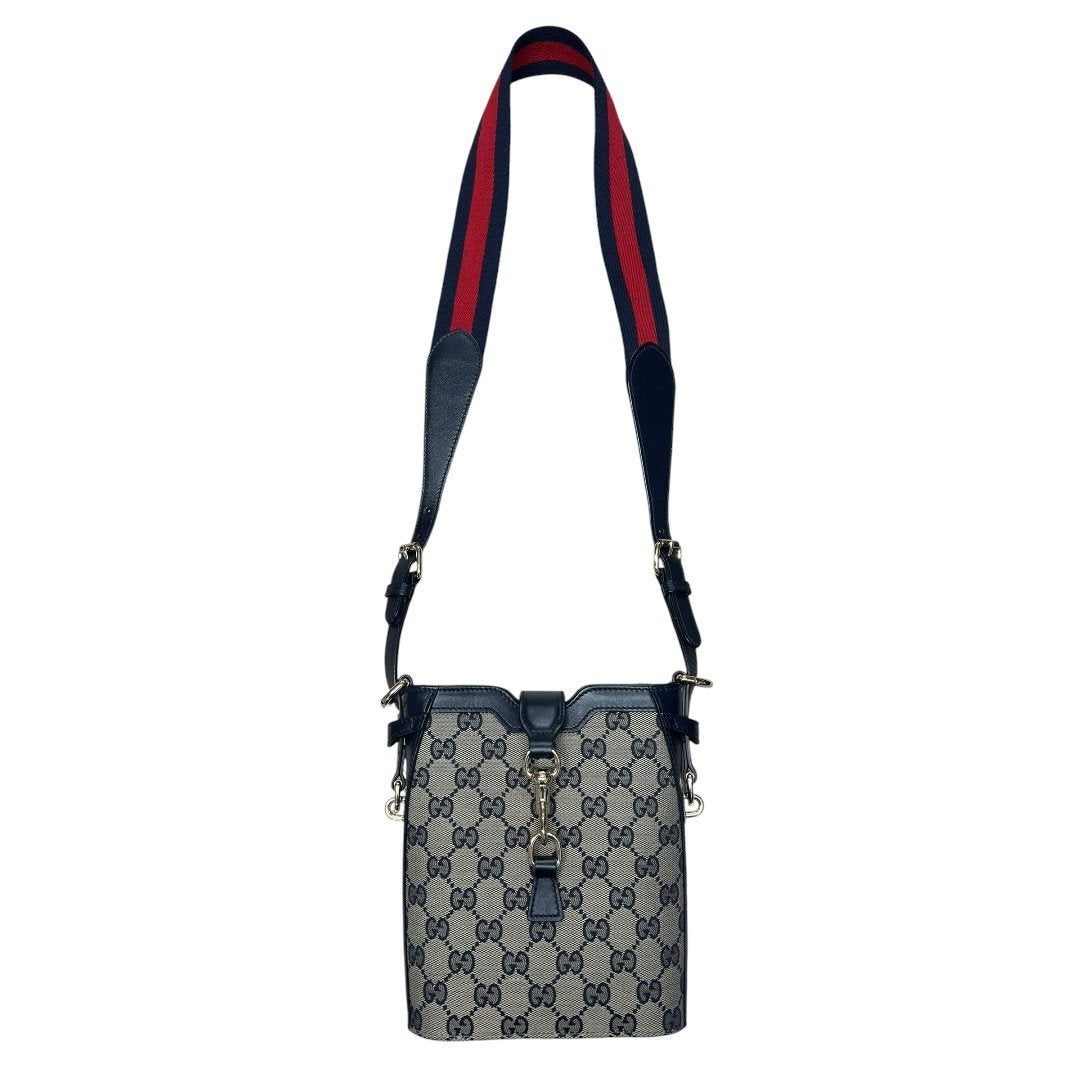 GUCCI GG Canvas, Leather Mini Bucket Bag Crossbody Bag Navy Blue, Beige, Red Silver Hardware | Authentic Pre-Owned Luxury