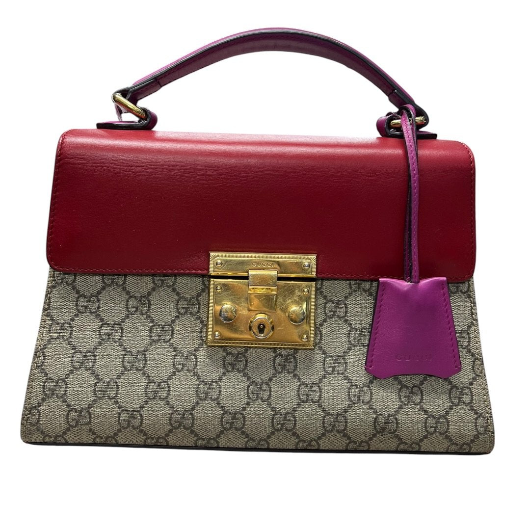 GUCCI GG Supreme Canvas & Leather Padlock Top Handle Bag Handbag Beige, Red, Fuchsia Gold Hardware | Authentic Pre-Owned Luxury