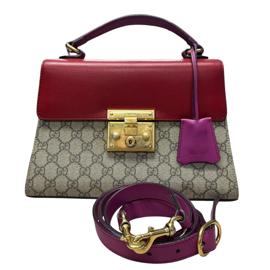 GUCCI GG Supreme Canvas & Leather Padlock Top Handle Bag Handbag Beige, Red, Fuchsia Gold Hardware | Authentic Pre-Owned Luxury