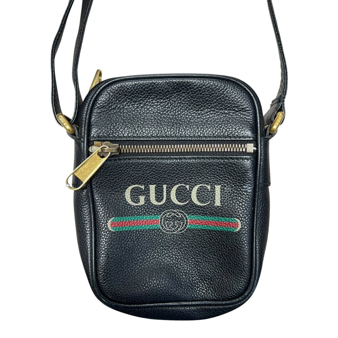 GUCCI Grained Leather Gucci Print Leather Shoulder Bag Black Gold Hardware | Authentic Pre-Owned Luxury