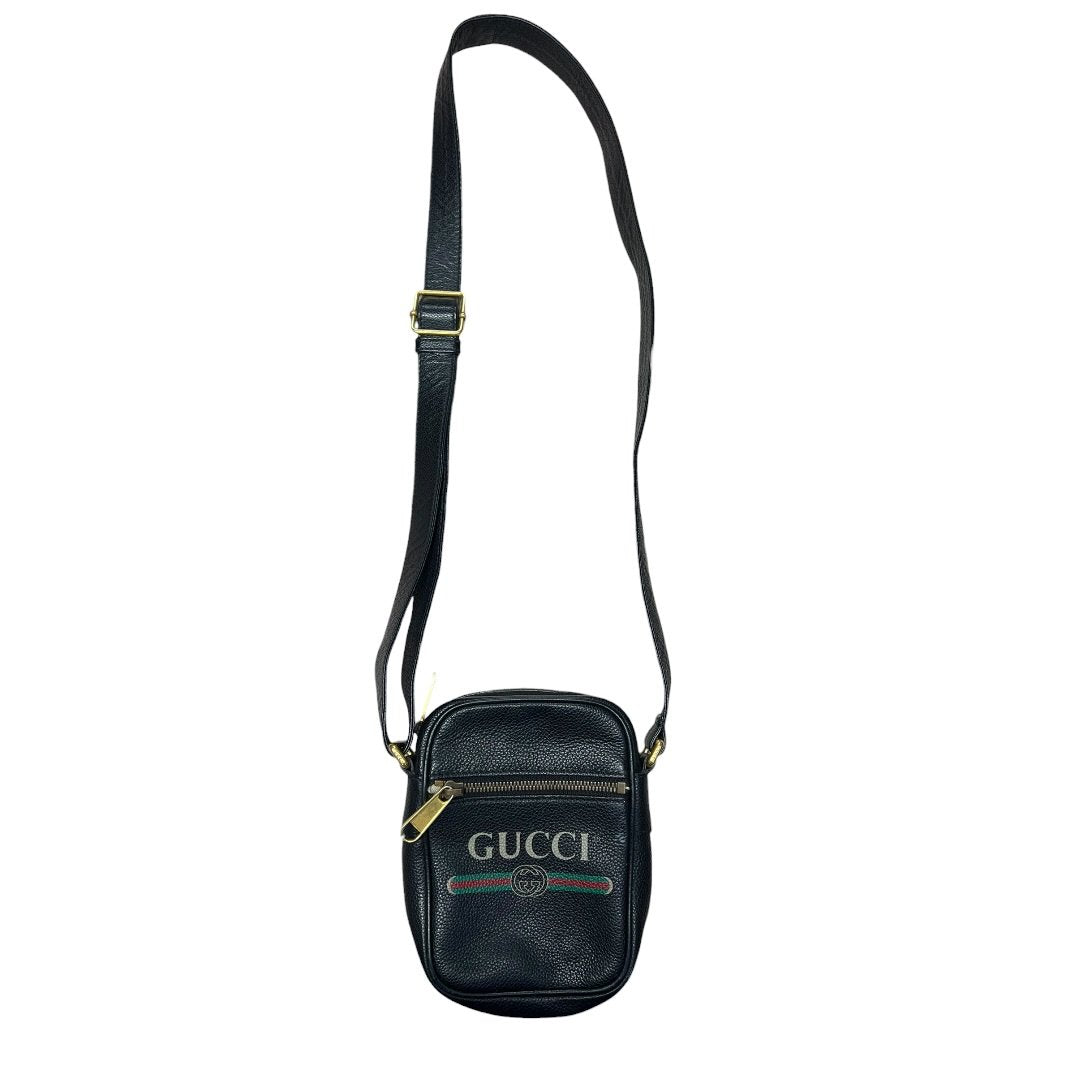 GUCCI Grained Leather Gucci Print Leather Shoulder Bag Black Gold Hardware | Authentic Pre-Owned Luxury