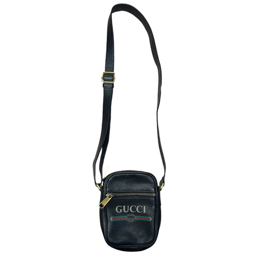 GUCCI Grained Leather Gucci Print Leather Shoulder Bag Black Gold Hardware | Authentic Pre-Owned Luxury