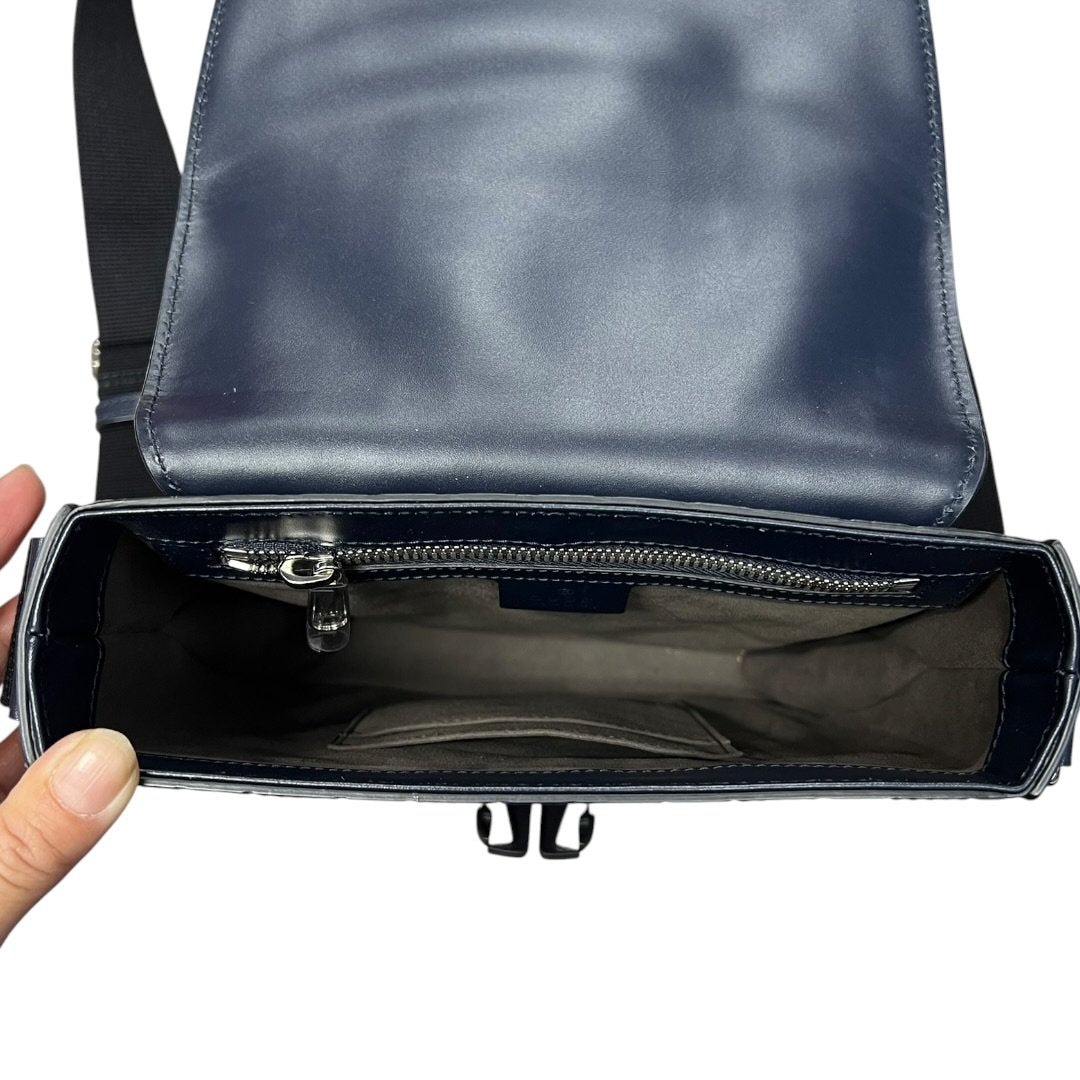GUCCI GG Embossed Leather GG Embossed Messenger Bag Navy Blue Silver Hardware | Authentic Pre-Owned Luxury