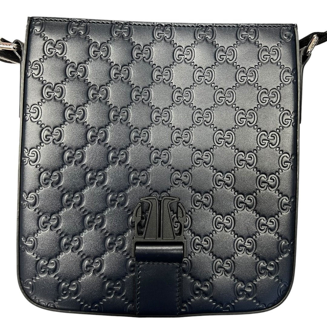 GUCCI GG Embossed Leather GG Embossed Messenger Bag Navy Blue Silver Hardware | Authentic Pre-Owned Luxury