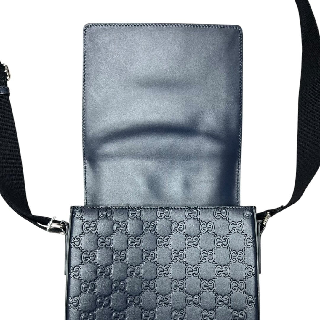 GUCCI GG Embossed Leather GG Embossed Messenger Bag Navy Blue Silver Hardware | Authentic Pre-Owned Luxury