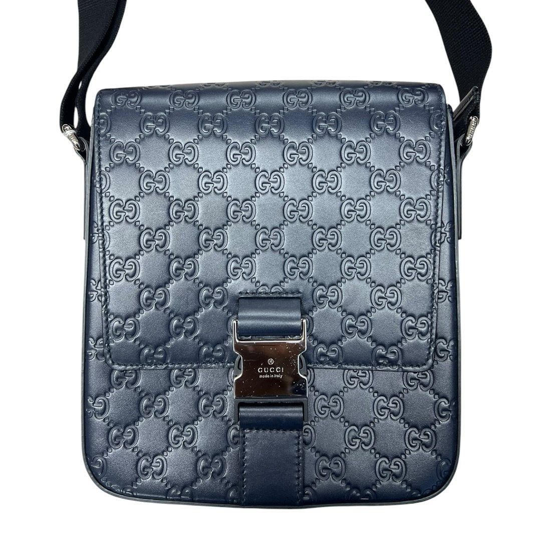 GUCCI GG Embossed Leather GG Embossed Messenger Bag Navy Blue Silver Hardware | Authentic Pre-Owned Luxury