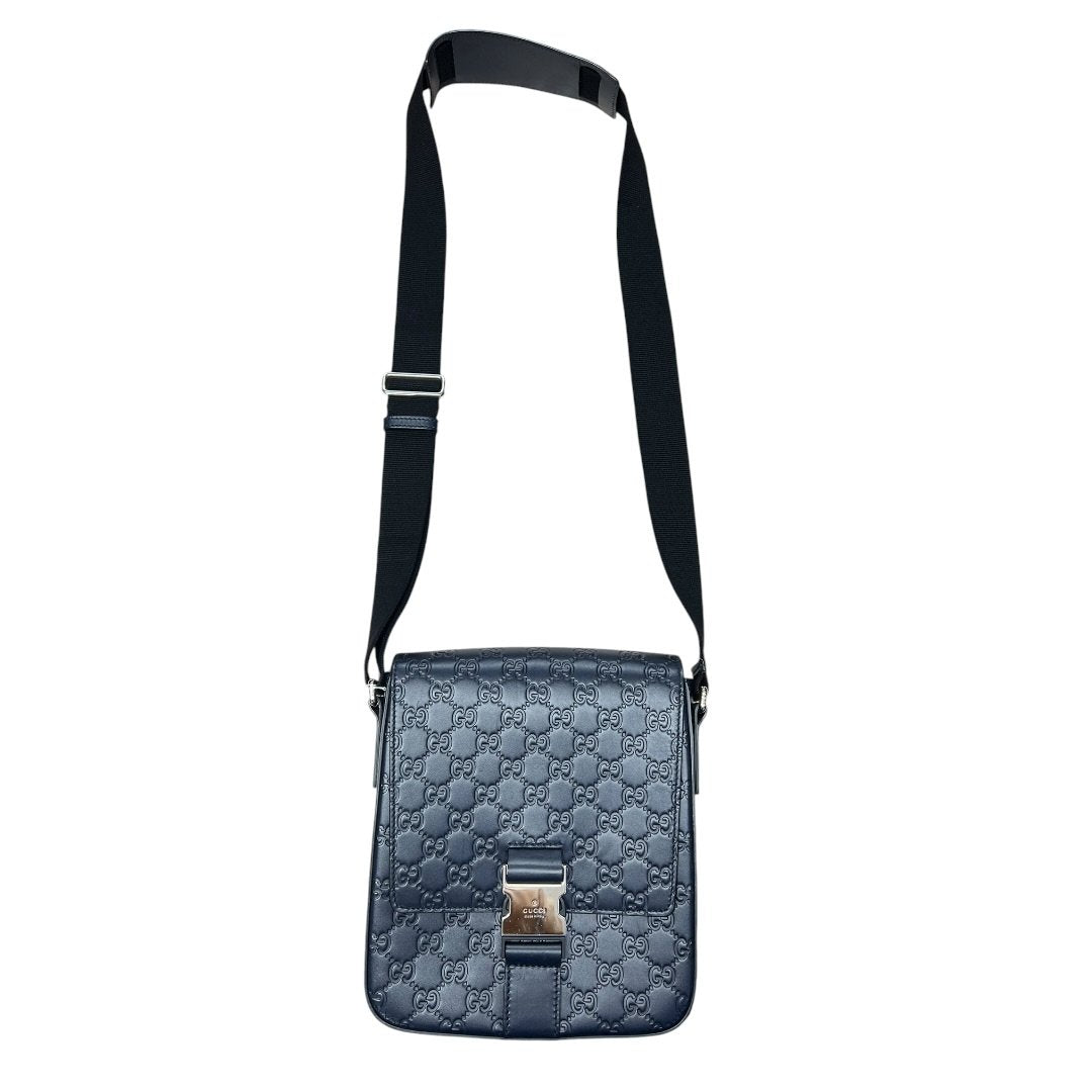 GUCCI GG Embossed Leather GG Embossed Messenger Bag Navy Blue Silver Hardware | Authentic Pre-Owned Luxury