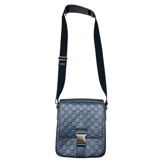 GUCCI GG Embossed Leather GG Embossed Messenger Bag Navy Blue Silver Hardware | Authentic Pre-Owned Luxury