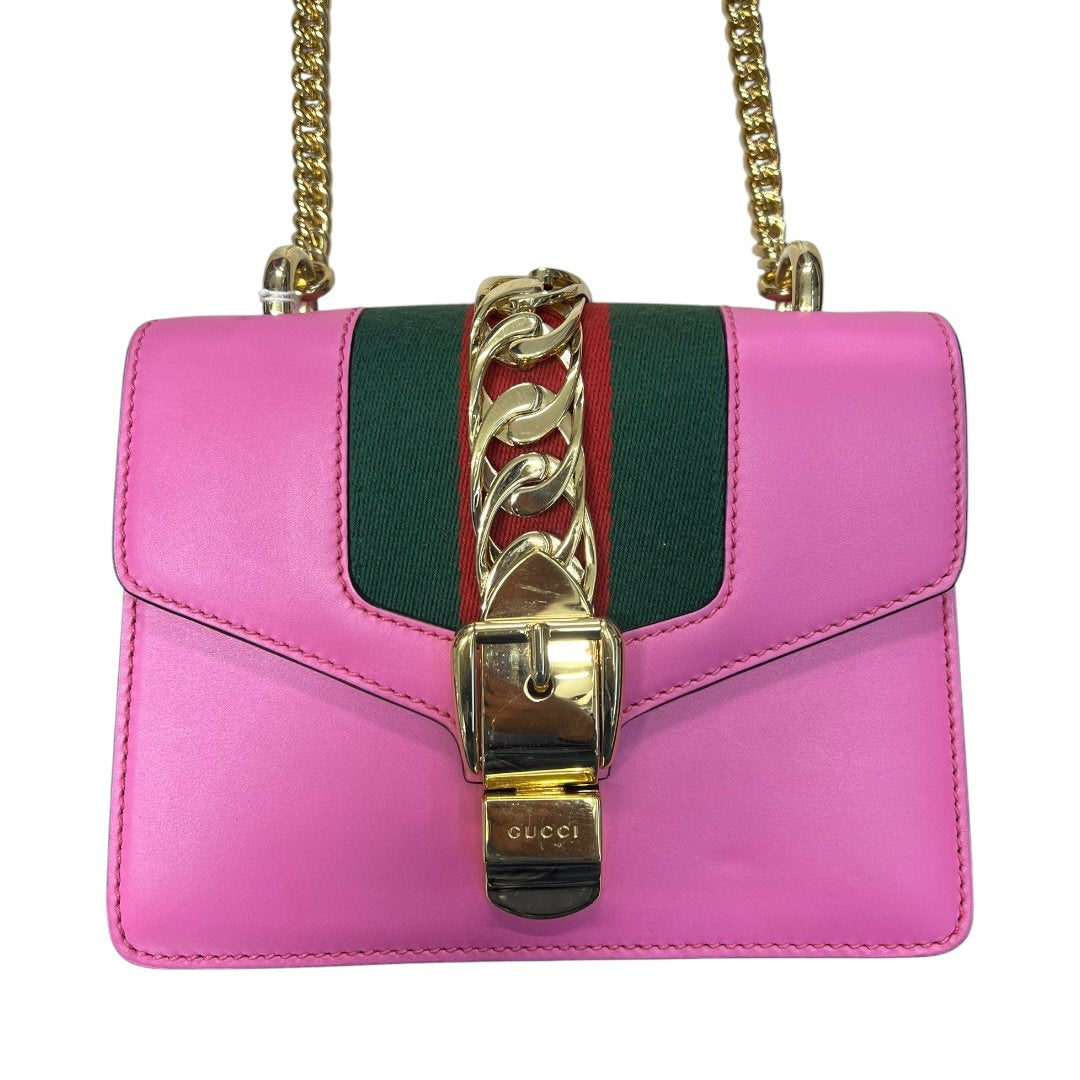 GUCCI Leather Sylvie 1969 Mini Shoulder Bag Shoulder Bag Pink, Green, Red Gold Hardware | Authentic Pre-Owned Luxury