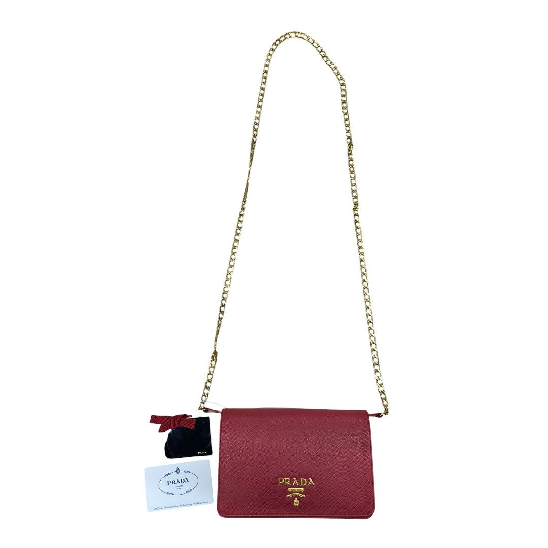 PRADA Saffiano Wallet on Chain Shoulder Bag Red Gold Hardware | Authentic Pre-Owned Luxury