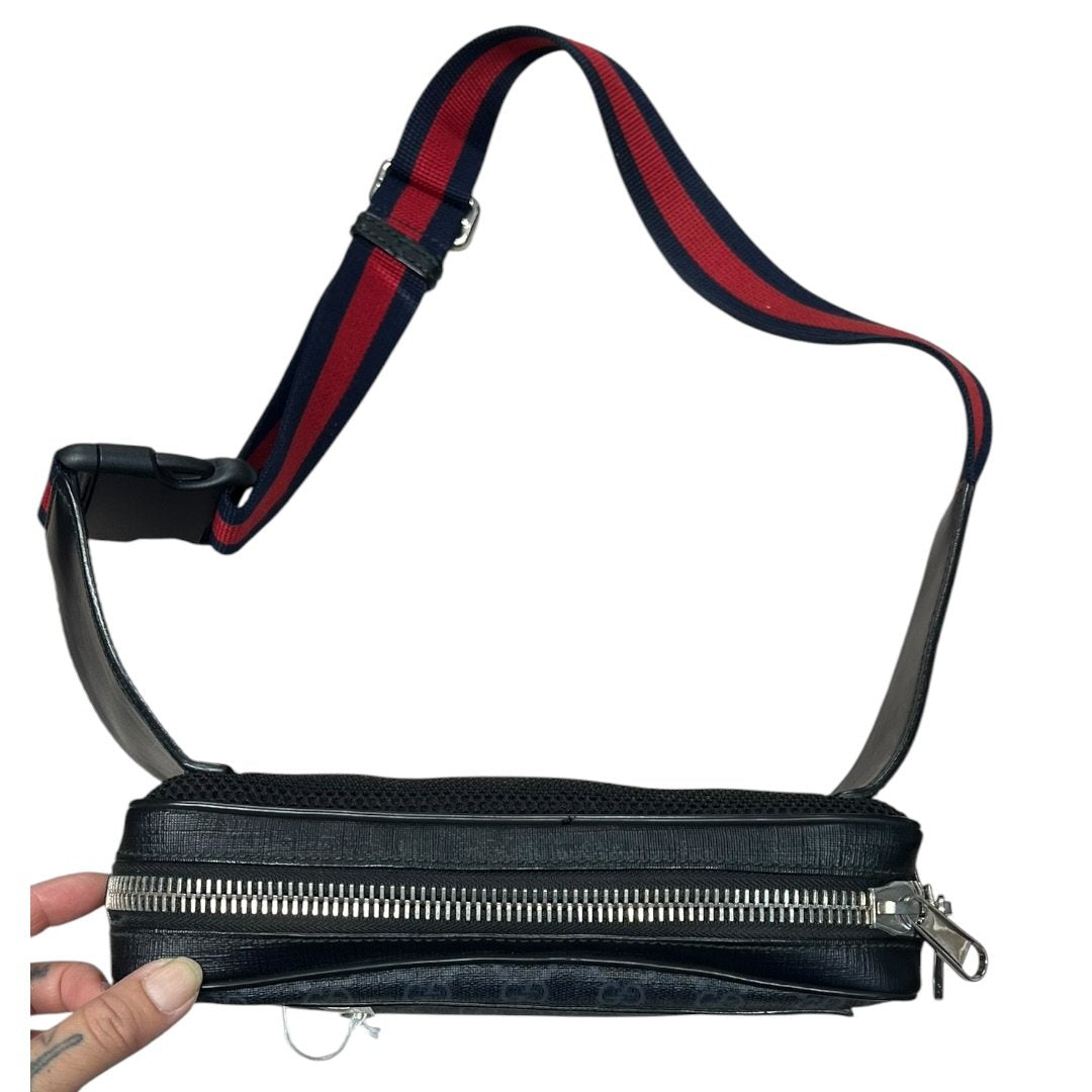 GUCCI GG Supreme Canvas GG Supreme Belt Bag Black/Grey with Navy/Red strap Silver Hardware | Authentic Pre-Owned Luxury