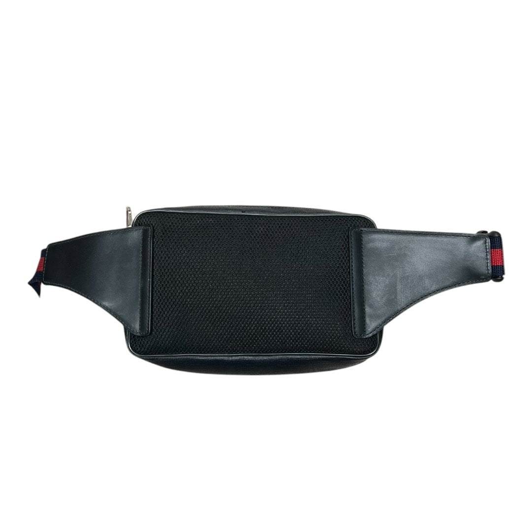 GUCCI GG Supreme Canvas GG Supreme Belt Bag Black/Grey with Navy/Red strap Silver Hardware | Authentic Pre-Owned Luxury