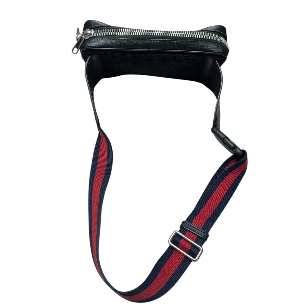 GUCCI GG Supreme Canvas GG Supreme Belt Bag Black/Grey with Navy/Red strap Silver Hardware | Authentic Pre-Owned Luxury