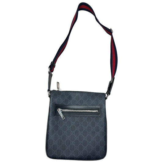 GUCCI GG Supreme Canvas GG Supreme Messenger Bag Shoulder Bag Grey/Black with Red and Blue Strap Silver Hardware | Authentic Pre-Owned Luxury