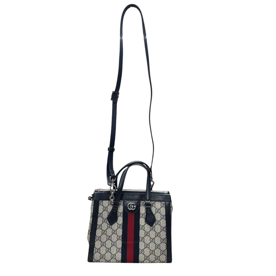 GUCCI GG Supreme Canvas Ophidia Small Top Handle Bag Handbag / Shoulder Bag Beige, Blue, Red Silver Hardware | Authentic Pre-Owned Luxury