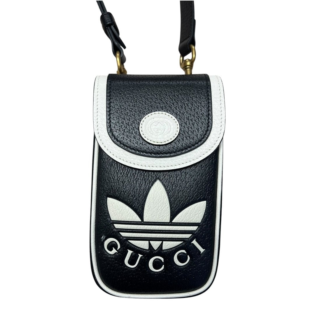 GUCCI Grained Leather Adidas x Gucci Phone Holder Black and White Gold Hardware | Authentic Pre-Owned Luxury