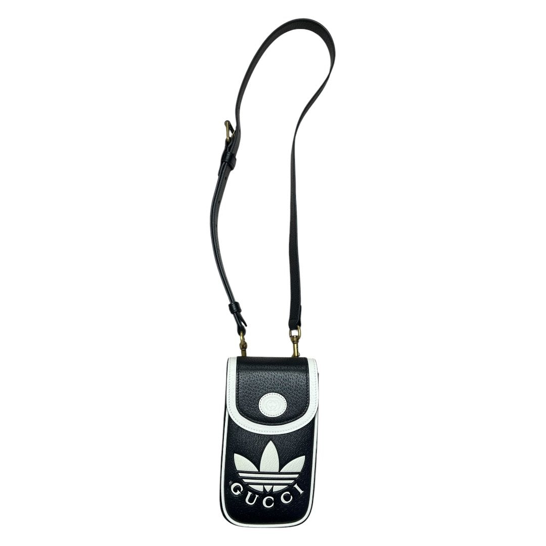 GUCCI Grained Leather Adidas x Gucci Phone Holder Black and White Gold Hardware | Authentic Pre-Owned Luxury