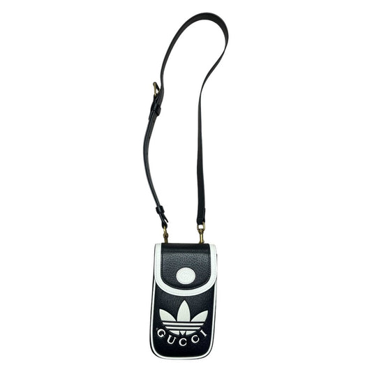 GUCCI Grained Leather Adidas x Gucci Phone Holder Black and White Gold Hardware | Authentic Pre-Owned Luxury