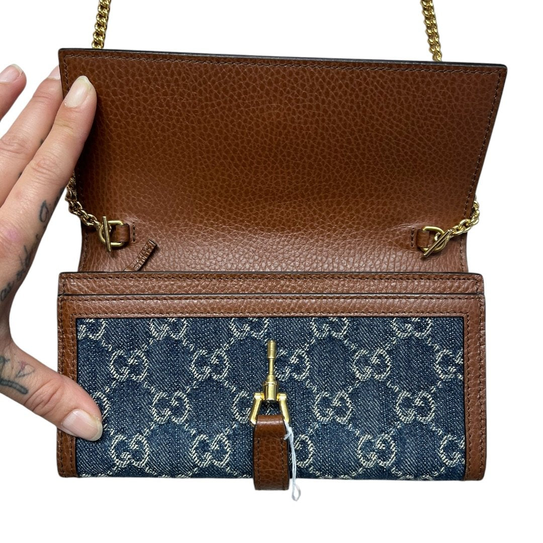 GUCCI Monogram Denim, Leather Jackie 1961 Wallet with Chain Wallet on Chain Blue, Brown Gold Hardware | Authentic Pre-Owned Luxury