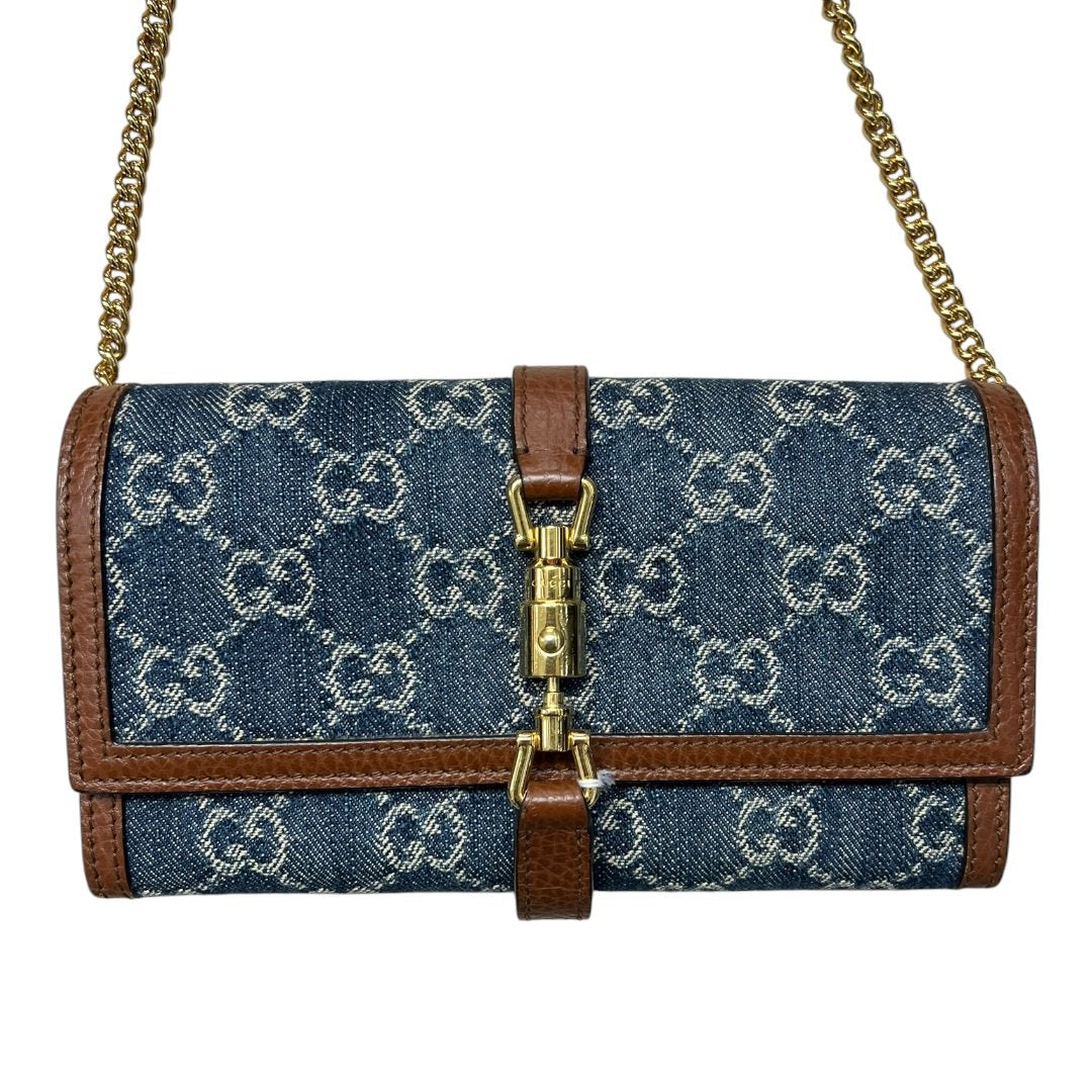 GUCCI Monogram Denim, Leather Jackie 1961 Wallet with Chain Wallet on Chain Blue, Brown Gold Hardware | Authentic Pre-Owned Luxury