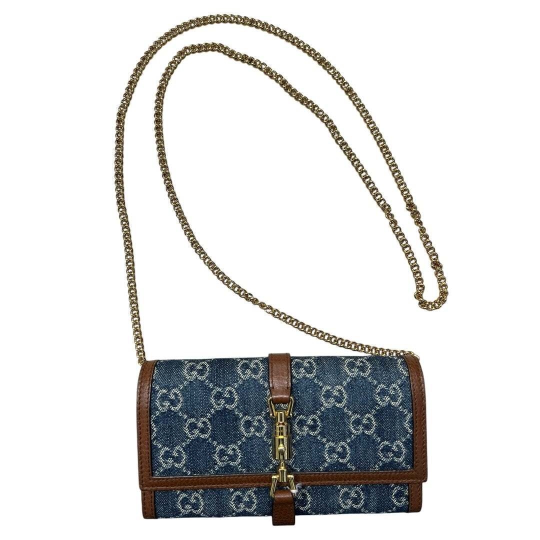 GUCCI Monogram Denim, Leather Jackie 1961 Wallet with Chain Wallet on Chain Blue, Brown Gold Hardware | Authentic Pre-Owned Luxury