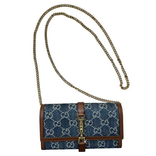 GUCCI Monogram Denim, Leather Jackie 1961 Wallet with Chain Wallet on Chain Blue, Brown Gold Hardware | Authentic Pre-Owned Luxury