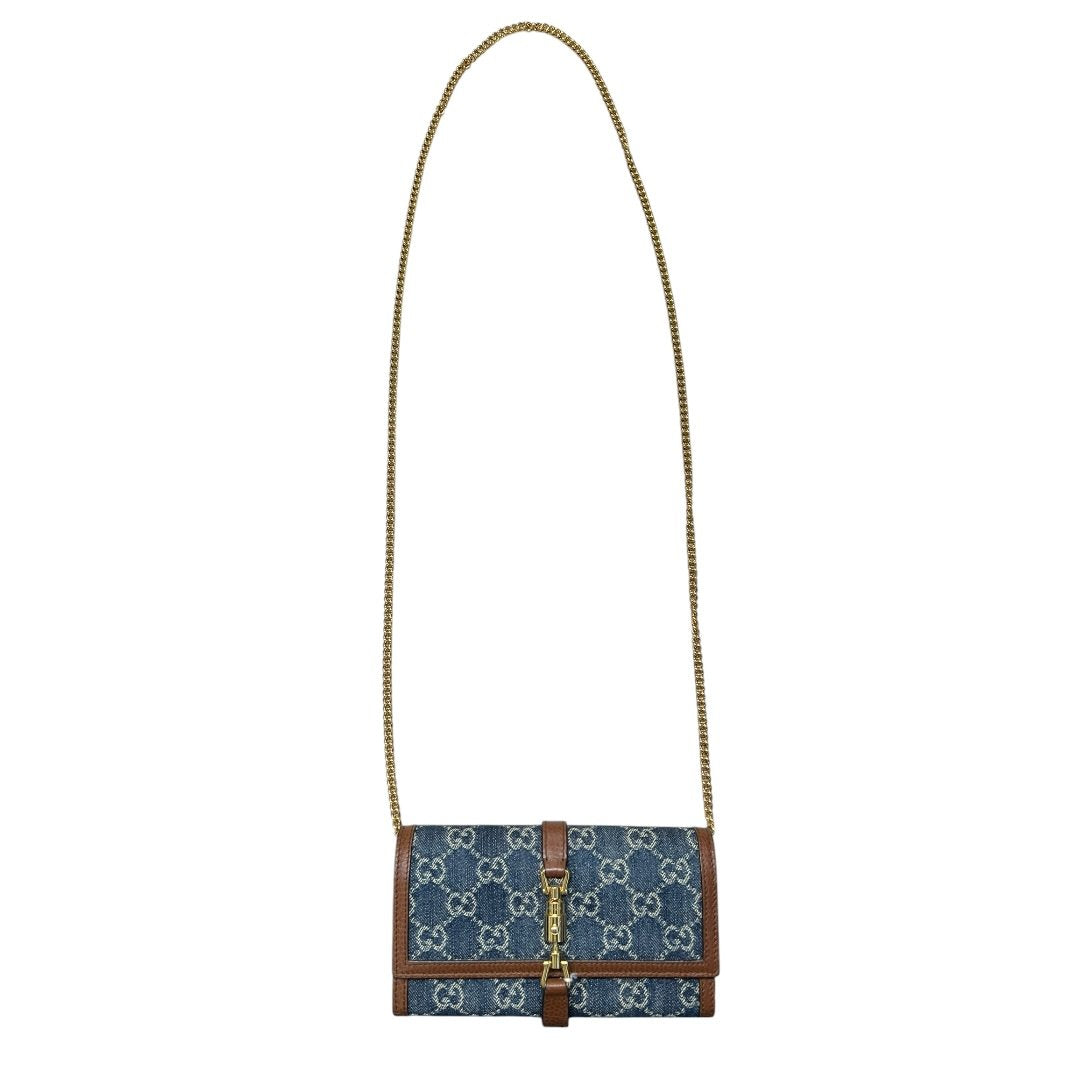 GUCCI Monogram Denim, Leather Jackie 1961 Wallet with Chain Wallet on Chain Blue, Brown Gold Hardware | Authentic Pre-Owned Luxury