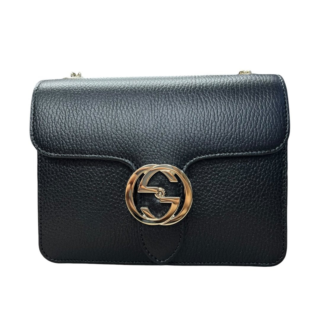 GUCCI Grained Leather Interlocking G Shoulder Bag Black Silver Hardware | Authentic Pre-Owned Luxury