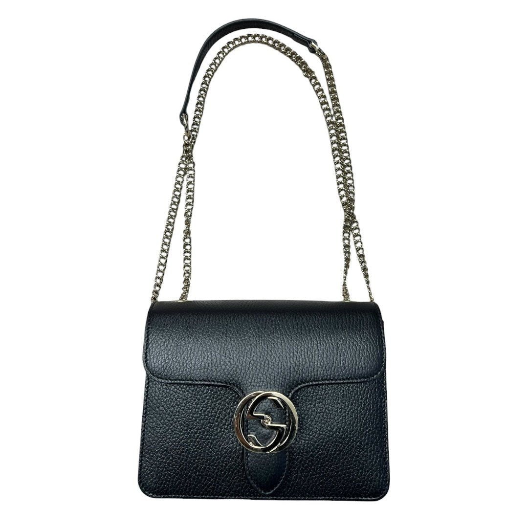 GUCCI Grained Leather Interlocking G Shoulder Bag Black Silver Hardware | Authentic Pre-Owned Luxury
