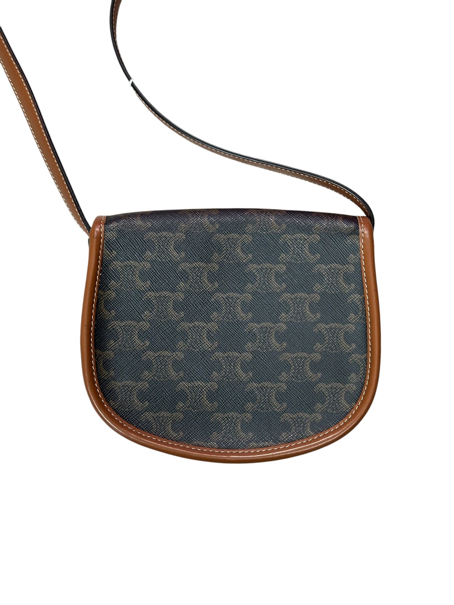 CELINE Triomphe Canvas Folco Saddle Bag Mini Black Tan Gold Hardware