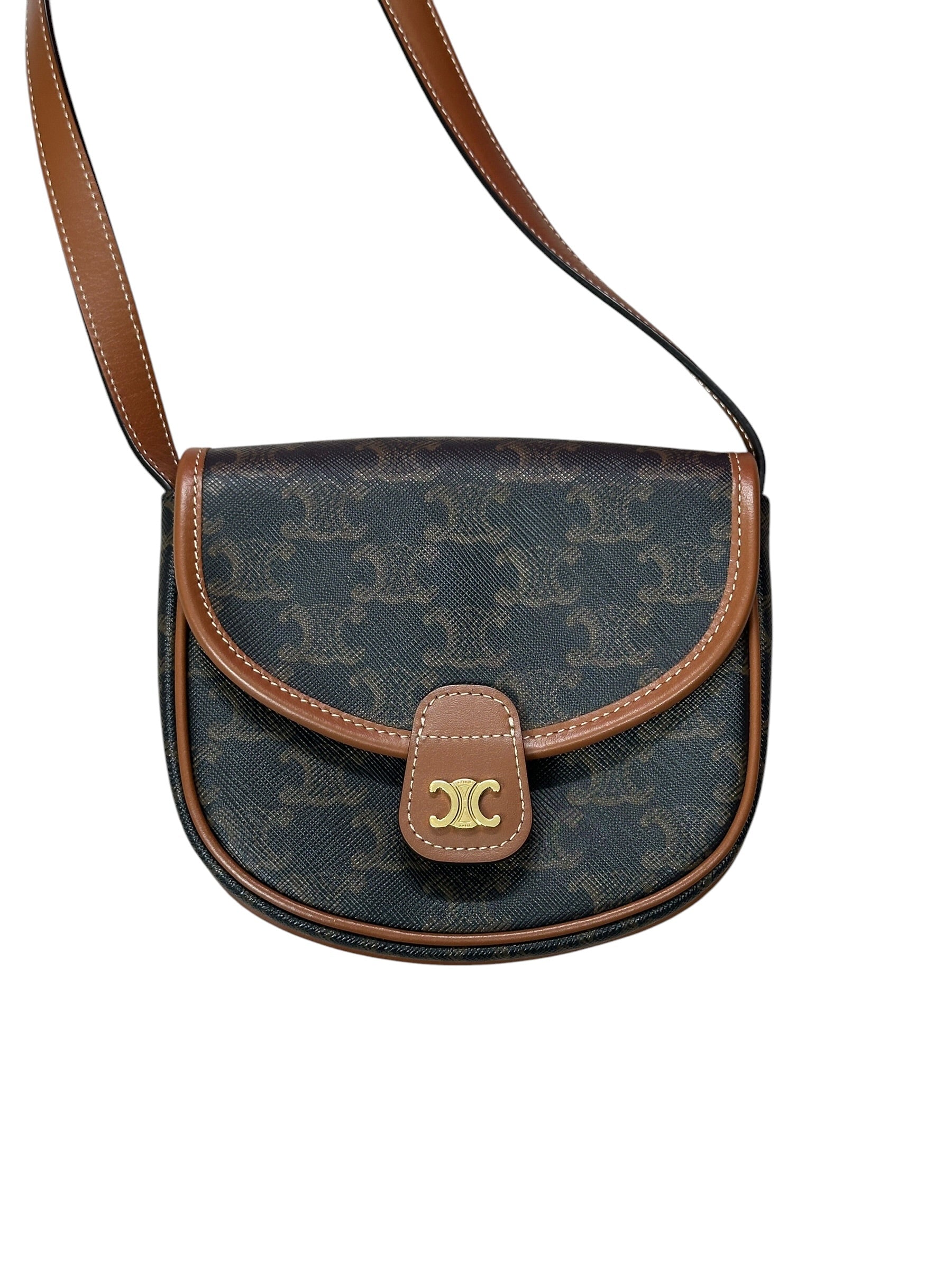 CELINE Triomphe Canvas Folco Saddle Bag Mini Black Tan Gold Hardware