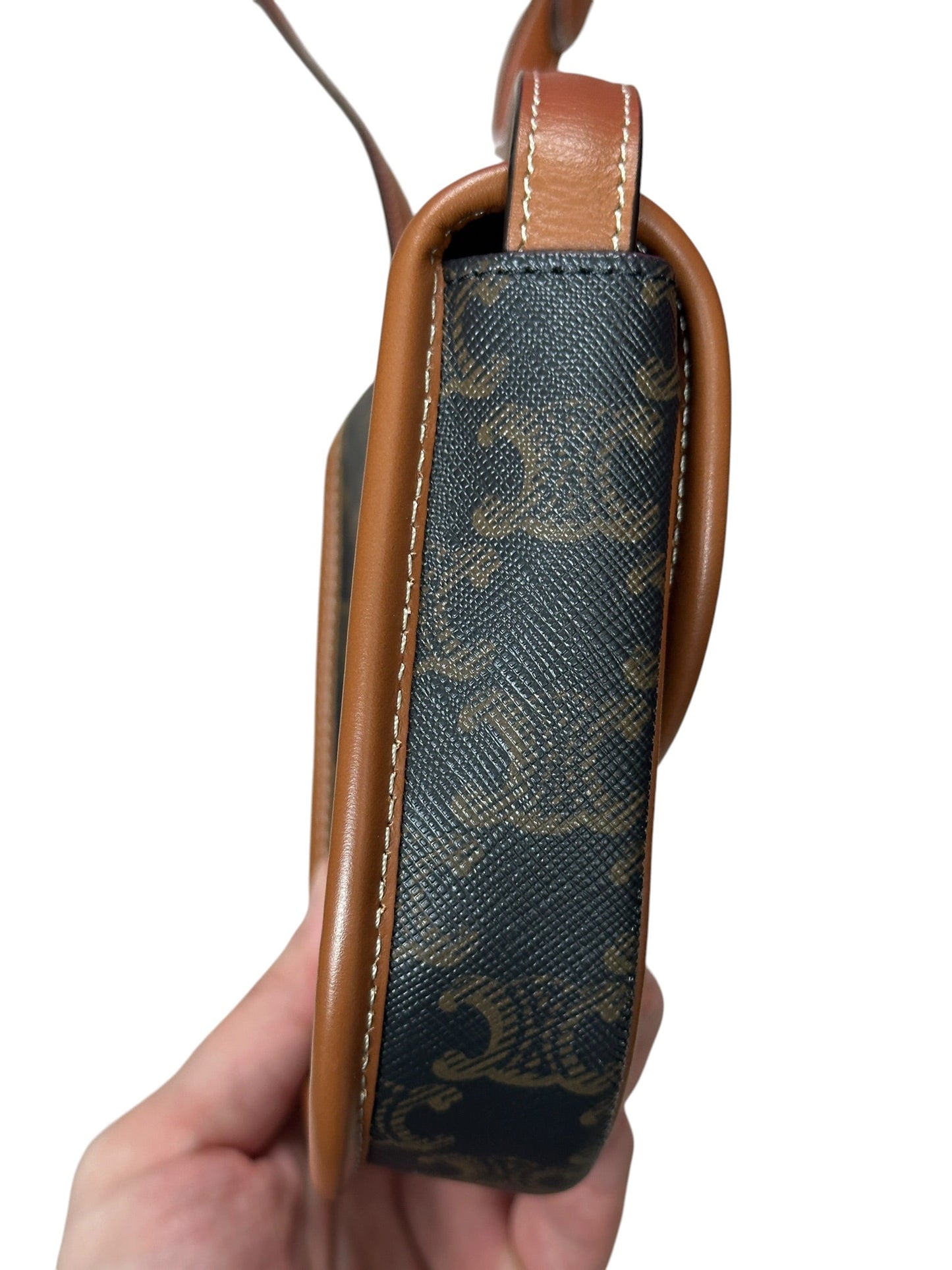 CELINE Triomphe Canvas Folco Saddle Bag Mini Black Tan Gold Hardware