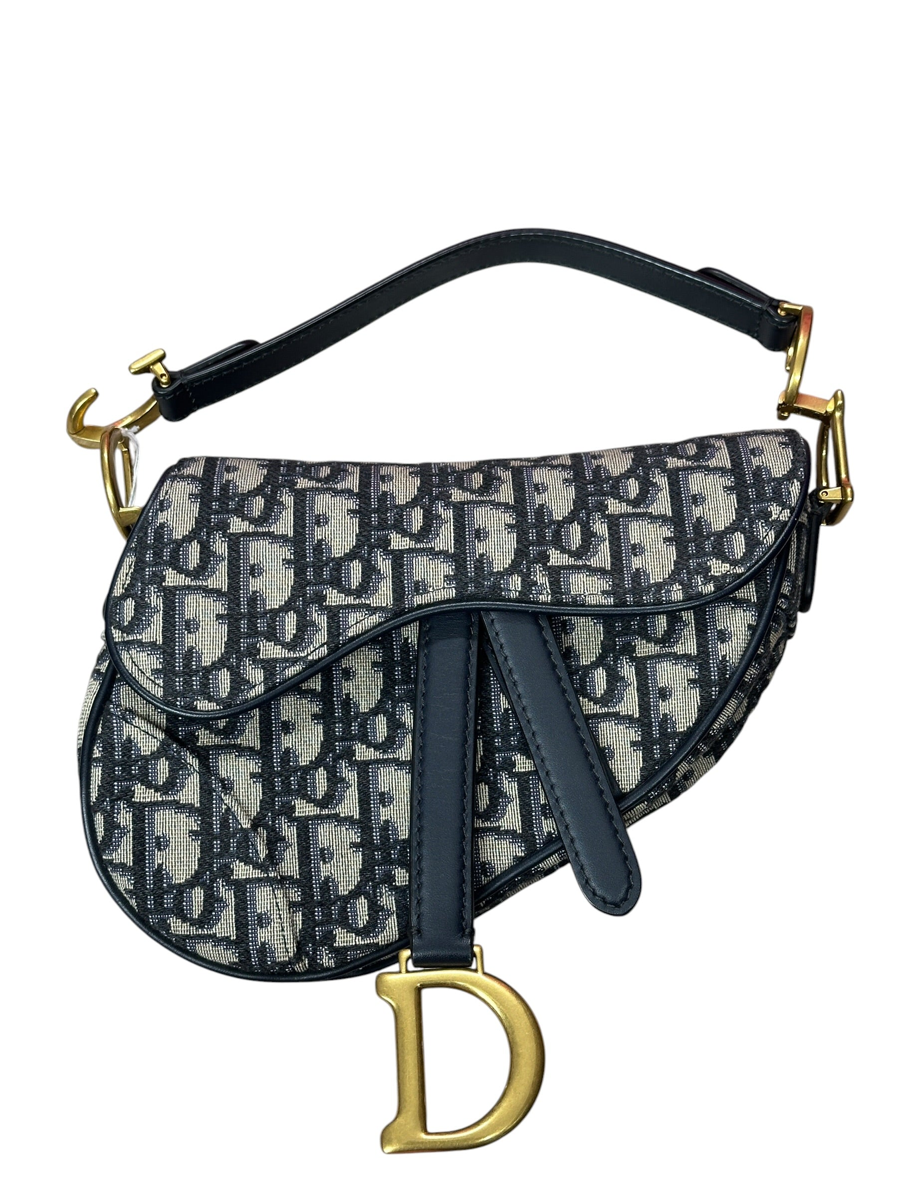 Christian Dior Oblique Jacquard Saddle Bag Medium Navy Gold Hardware | Authentic Pre-Owned Luxury