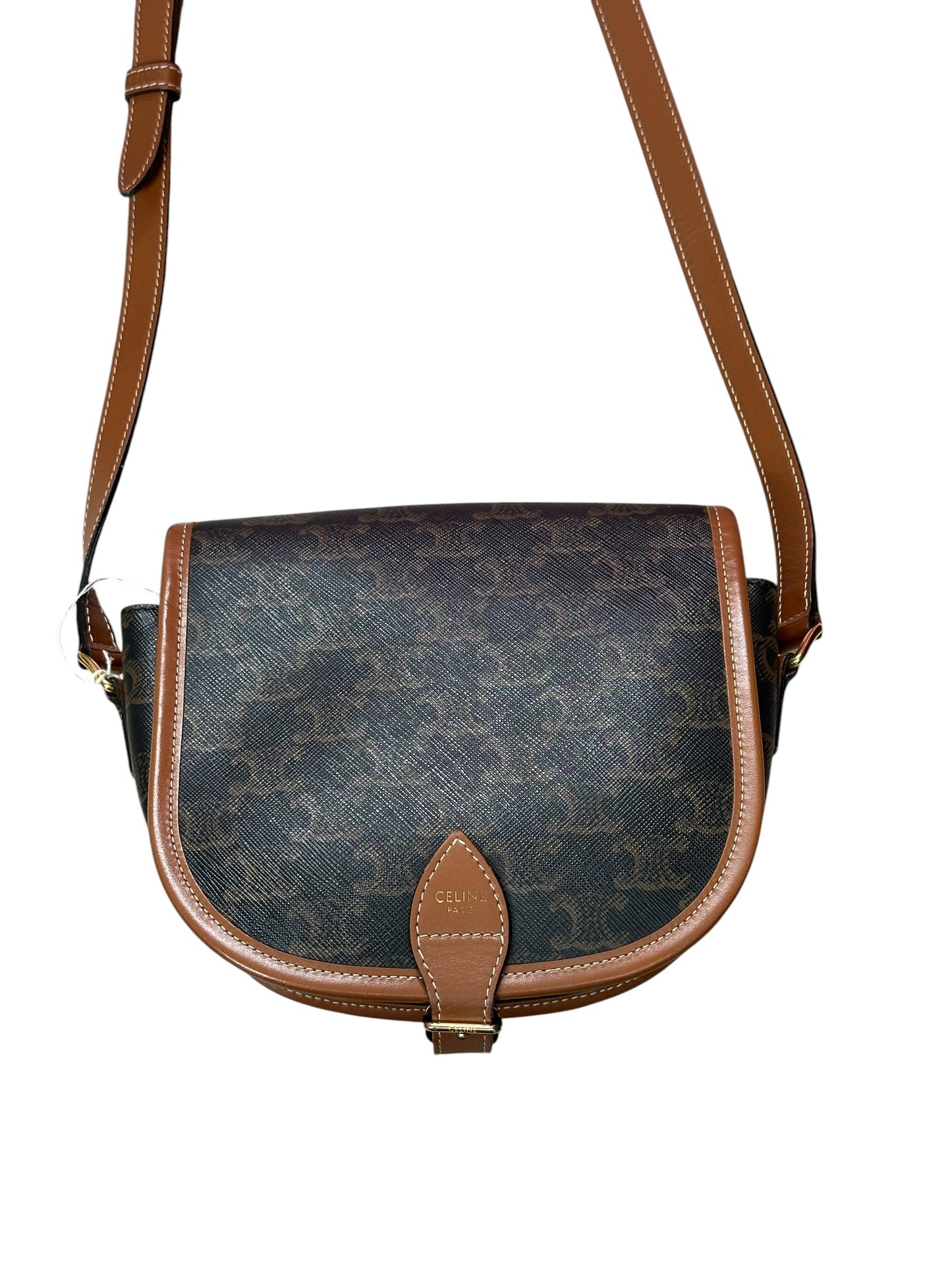 CELINE Triomphe Canvas Folco Saddle Bag Brown Tan Gold Hardware