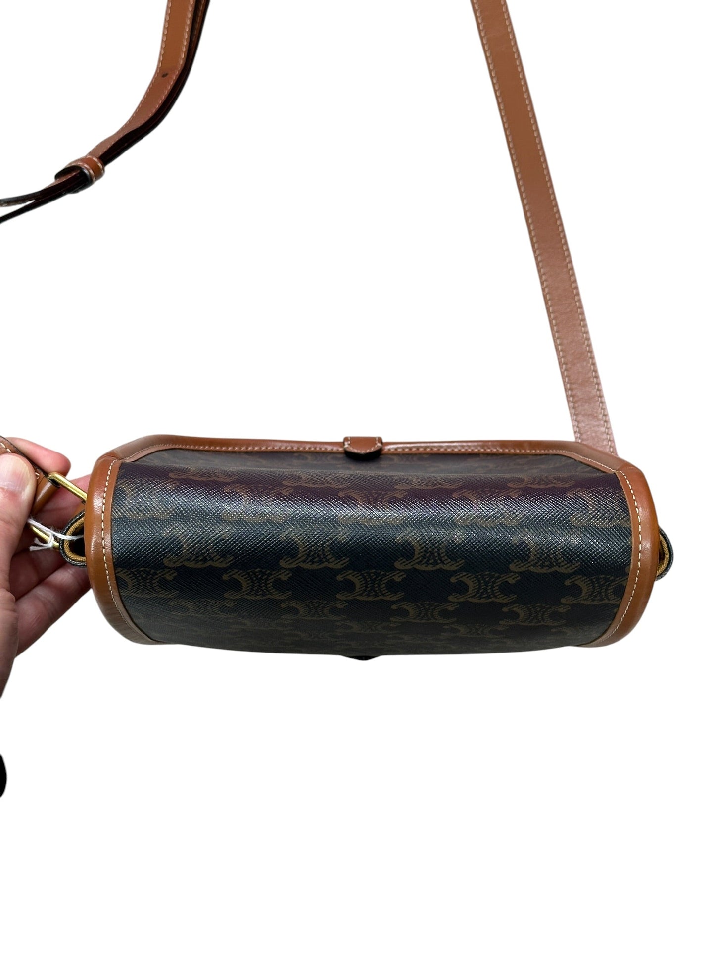 CELINE Triomphe Canvas Folco Saddle Bag Brown Tan Gold Hardware