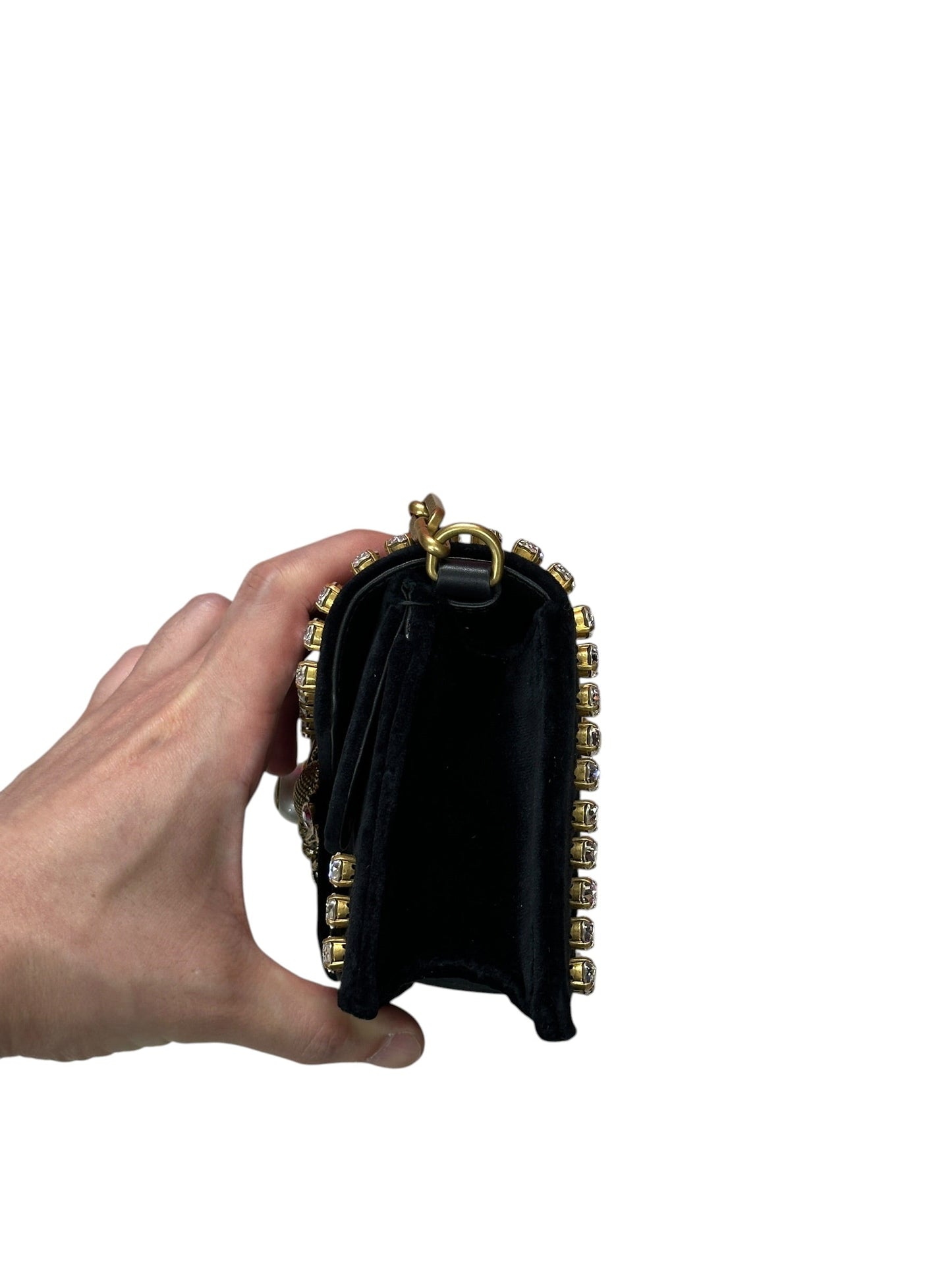 GUCCI Broadway Velvet Bee Crystal Mini Shoulder Bag Black Gold Hardware