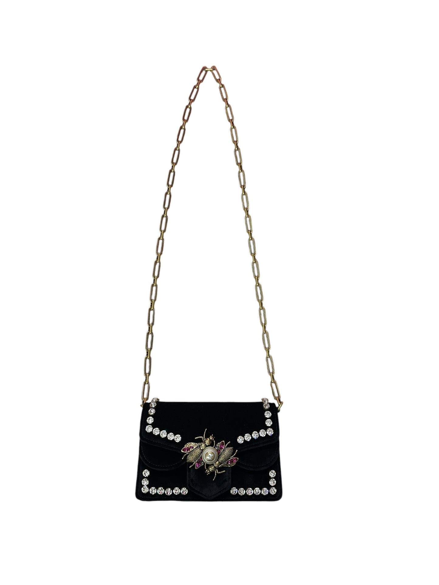 GUCCI Broadway Velvet Bee Crystal Mini Shoulder Bag Black Gold Hardware