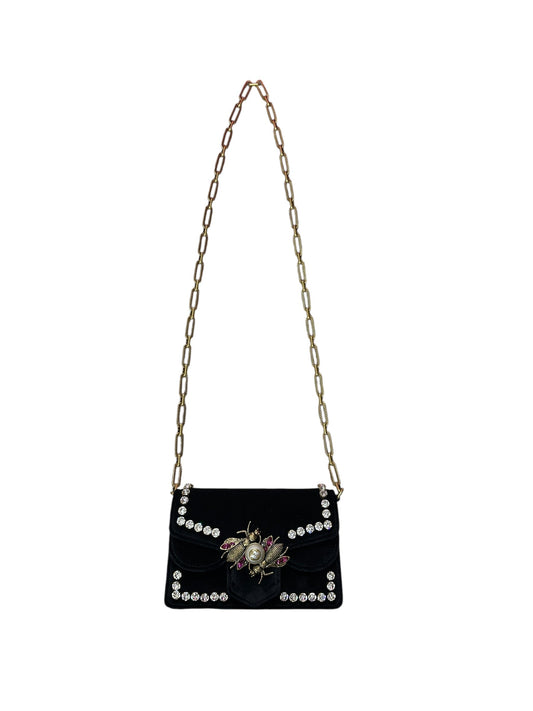 GUCCI Broadway Velvet Bee Crystal Mini Shoulder Bag Black Gold Hardware