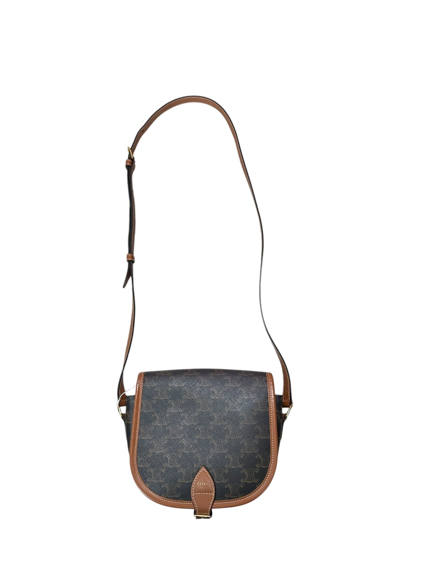 CELINE Triomphe Canvas Folco Saddle Bag Brown Tan Gold Hardware