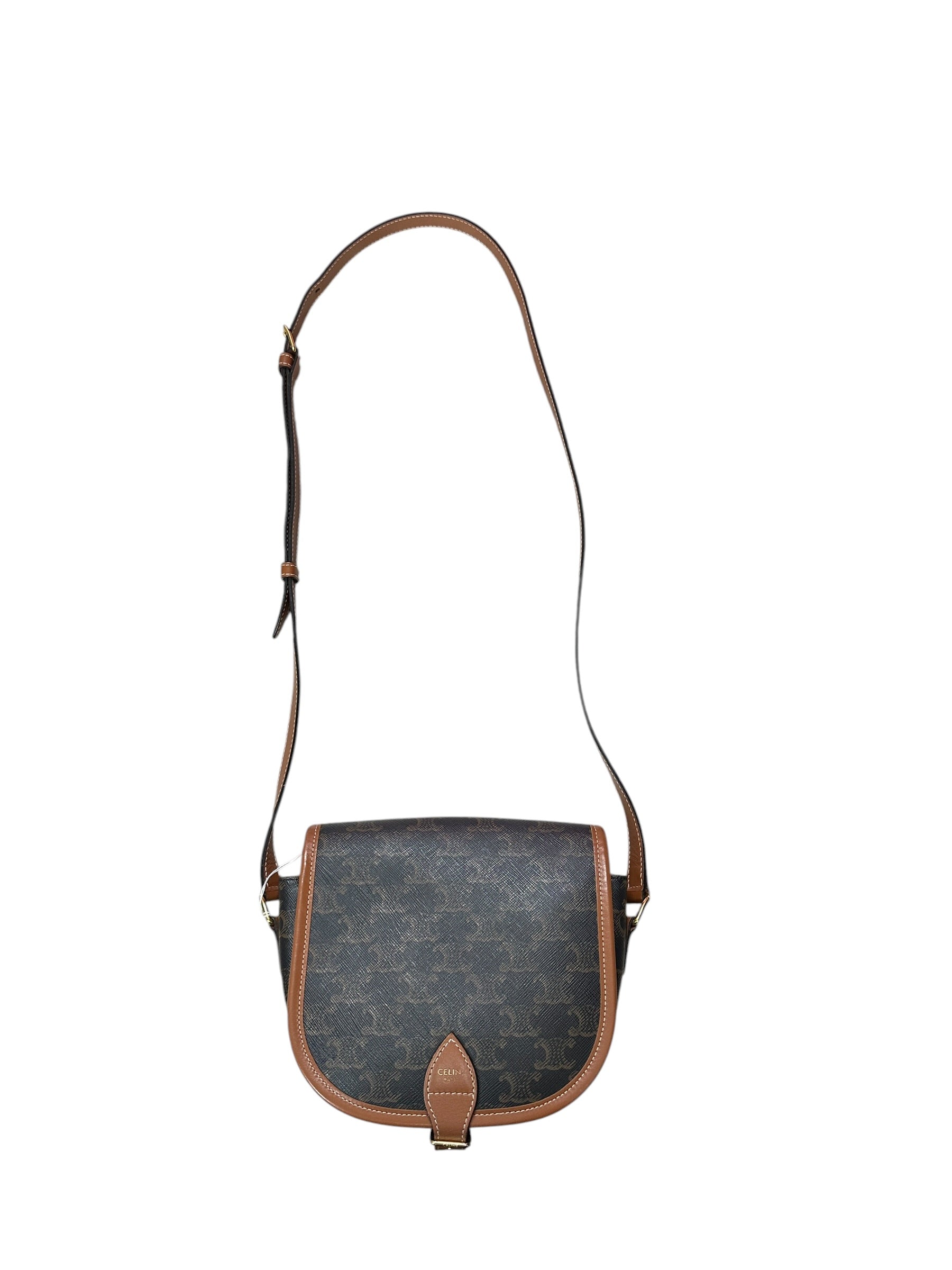 CELINE Triomphe Canvas Folco Saddle Bag Brown Tan Gold Hardware