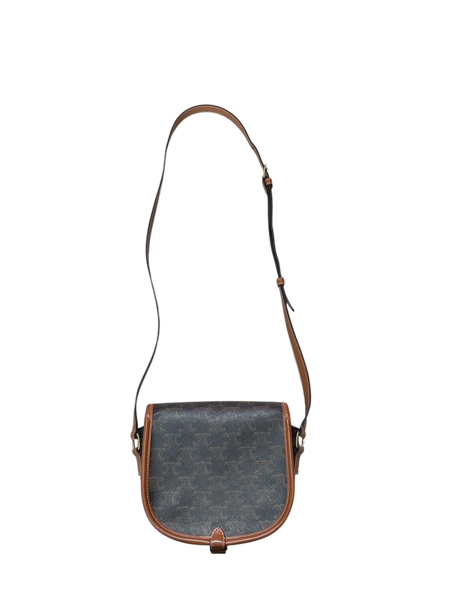 CELINE Triomphe Canvas Folco Saddle Bag Brown Tan Gold Hardware