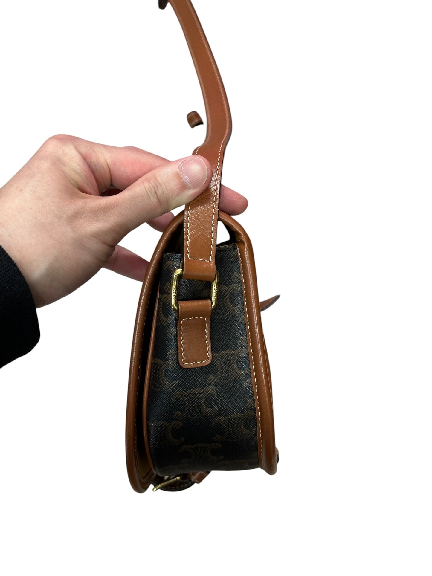 CELINE Triomphe Canvas Folco Saddle Bag Brown Tan Gold Hardware