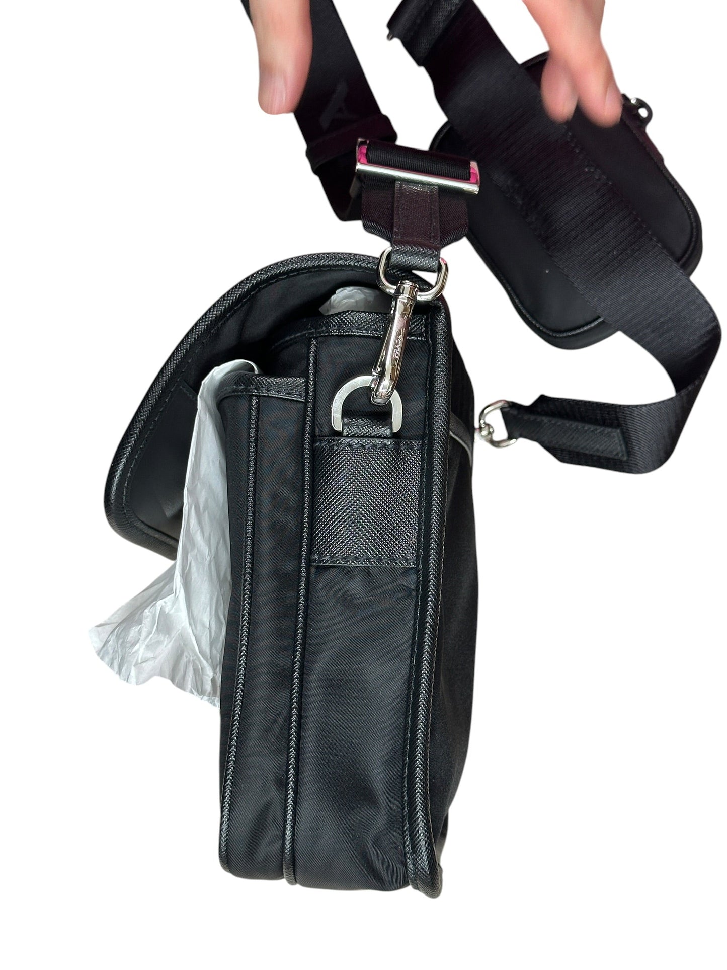 Prada Re-Nylon Saffiano Vertical Crossbody Bag Black Silver Hardware | Authentic Pre-Owned Luxury