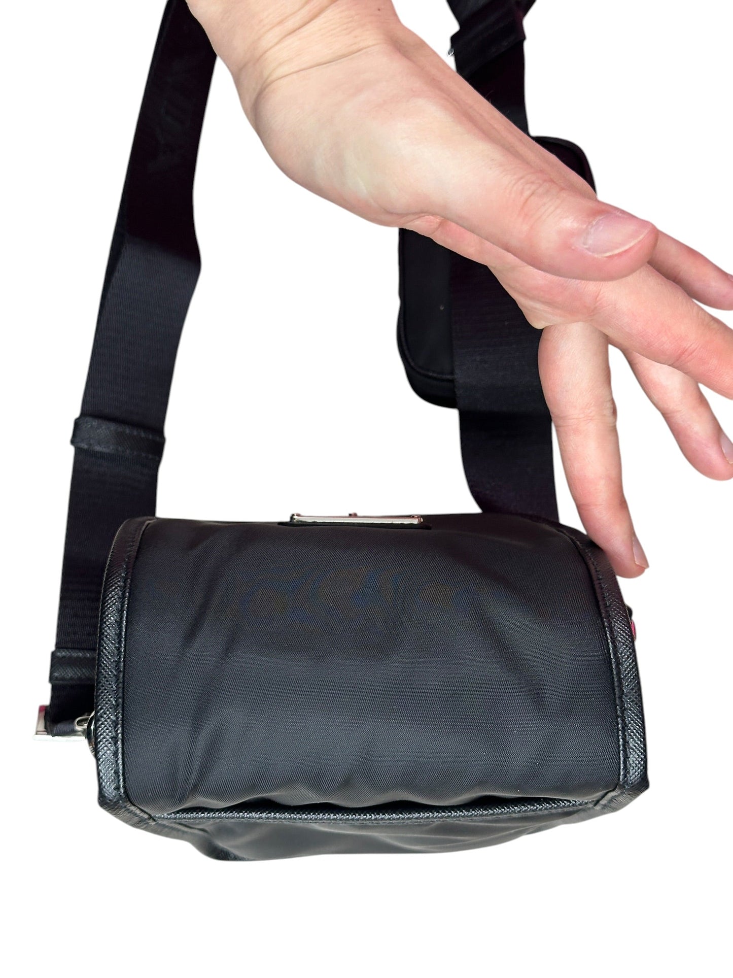 Prada Re-Nylon Saffiano Vertical Crossbody Bag Black Silver Hardware | Authentic Pre-Owned Luxury