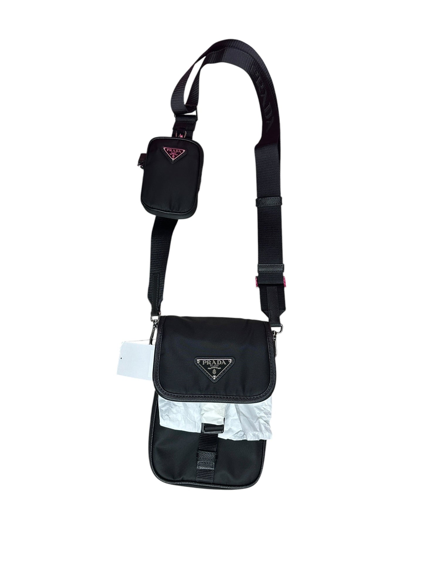 Prada Re-Nylon Saffiano Vertical Crossbody Bag Black Silver Hardware | Authentic Pre-Owned Luxury