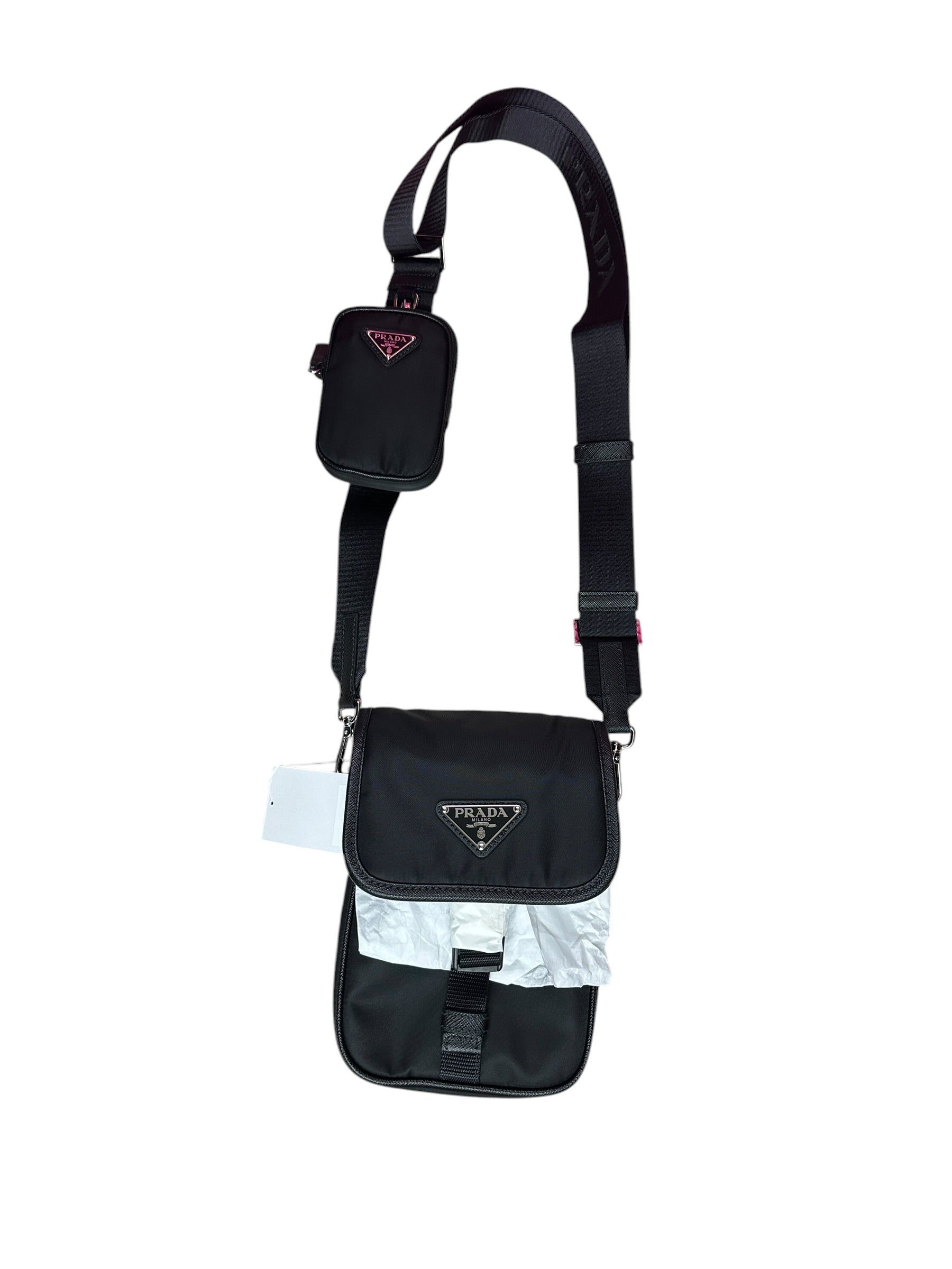 Prada Re-Nylon Saffiano Vertical Crossbody Bag Black Silver Hardware | Authentic Pre-Owned Luxury