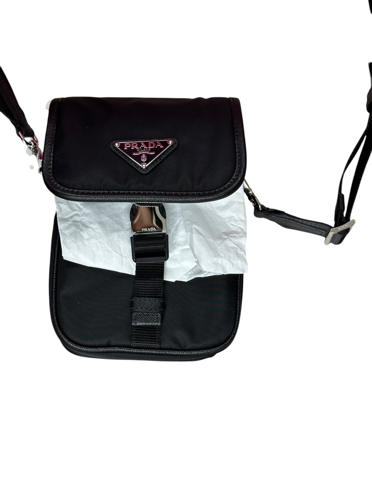 Prada Re-Nylon Saffiano Vertical Crossbody Bag Black Silver Hardware | Authentic Pre-Owned Luxury