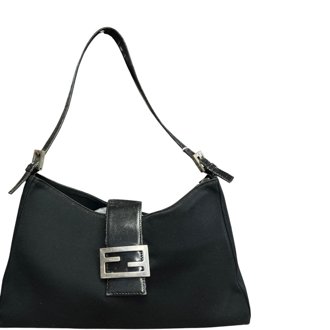 FENDI Nylon Canvas Baguette Shoulder Bag Black Silver